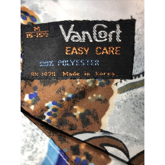 Vtg 80's? Men's Van Cort Gray Blue Brown Palms Hawaiian Short Slv Shirt Medium M - Picture 6 of 6